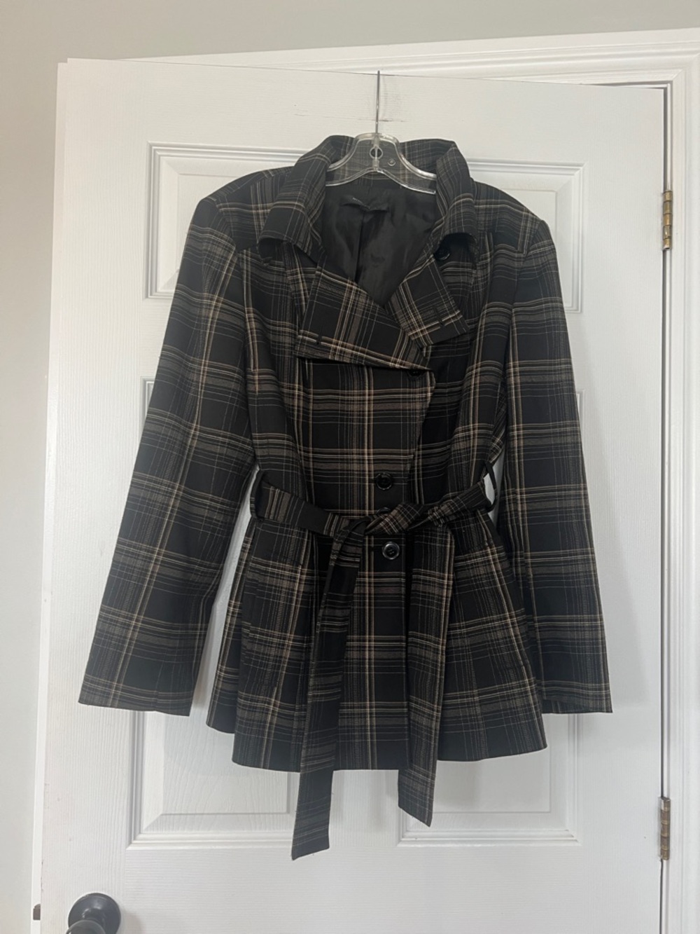 Nine West Plaid Belted Peacoat Jacket - Black Plaid